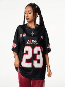 Coolane Women's Streetwear Sports Blockcore Number Printed Mesh Jersey T-Shirt,Couple Same Style - Black - View 3