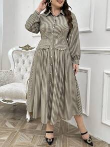 Modelyn Plus Size Button-Up Long Sleeve Striped Floral Elegant Dress, Maxi Dresses For Casual Daily/Holiday/Wedding Party/Evening