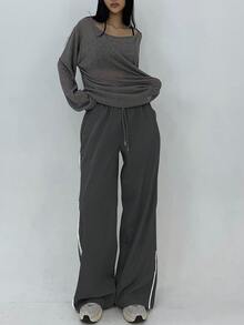 DAZY Women's Side Striped Casual Drawstring Daily Wear Long Pants - Dark Grey - View 2