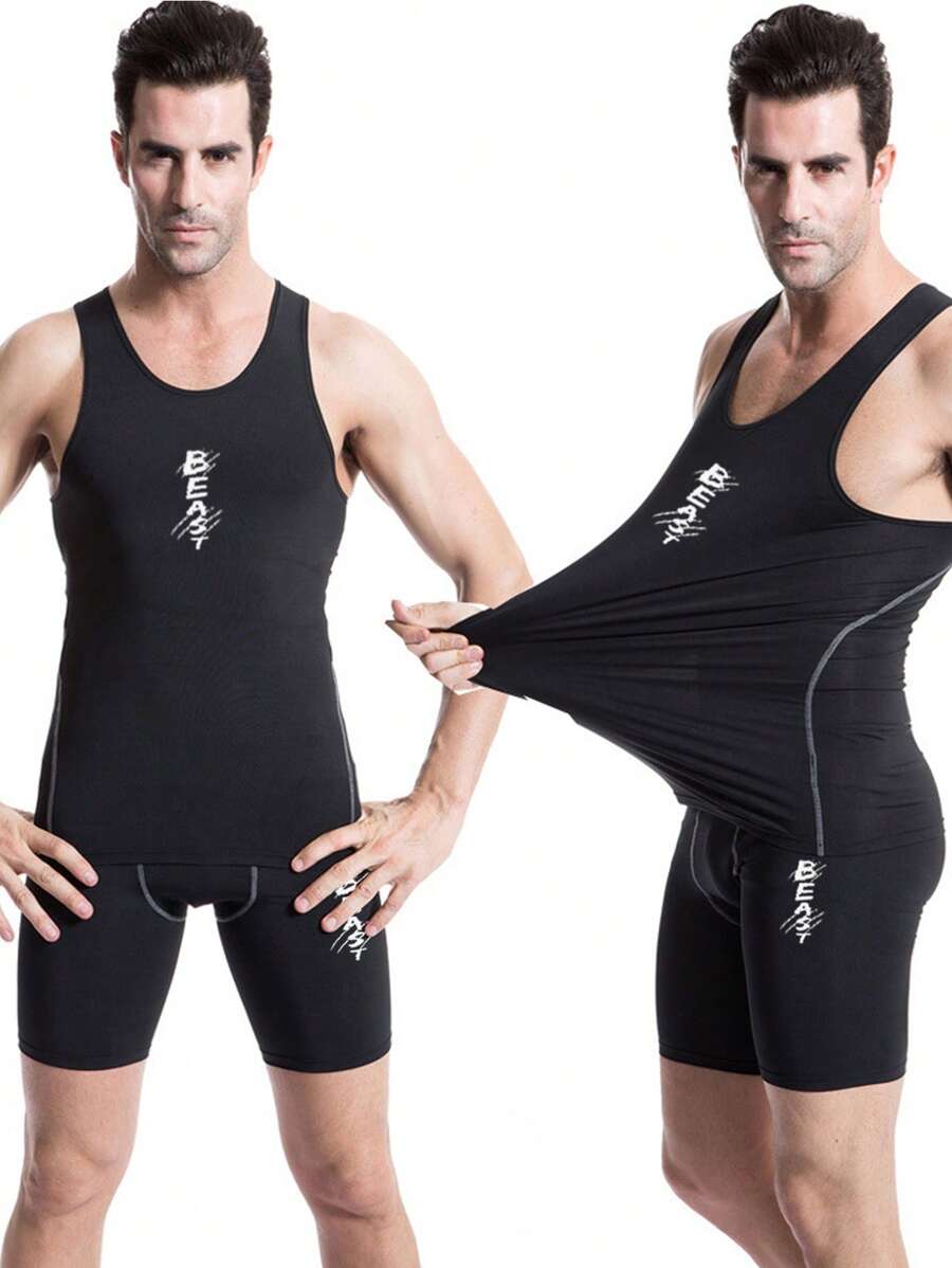 Manfinity Fitness 男友风男士印花无袖上衣和短裤，简约休闲运动套装学校 - 黑色 - 查看 1