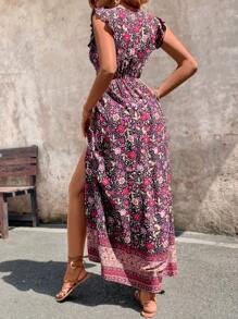 Breezaya Floral Print Ruffle Trim Slit Thigh Dress Without Belt