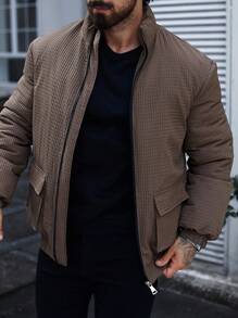 Manfinity Homme Men Solid Color Zip-Up Pocket Winter Padded Coat,Black Warm Plush Winter Coat - Brown - View 3