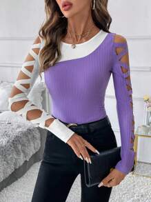 SHEIN Clasi 女士优雅紫白蜡染镂空设计 T 恤 - 彩色 - 查看 1