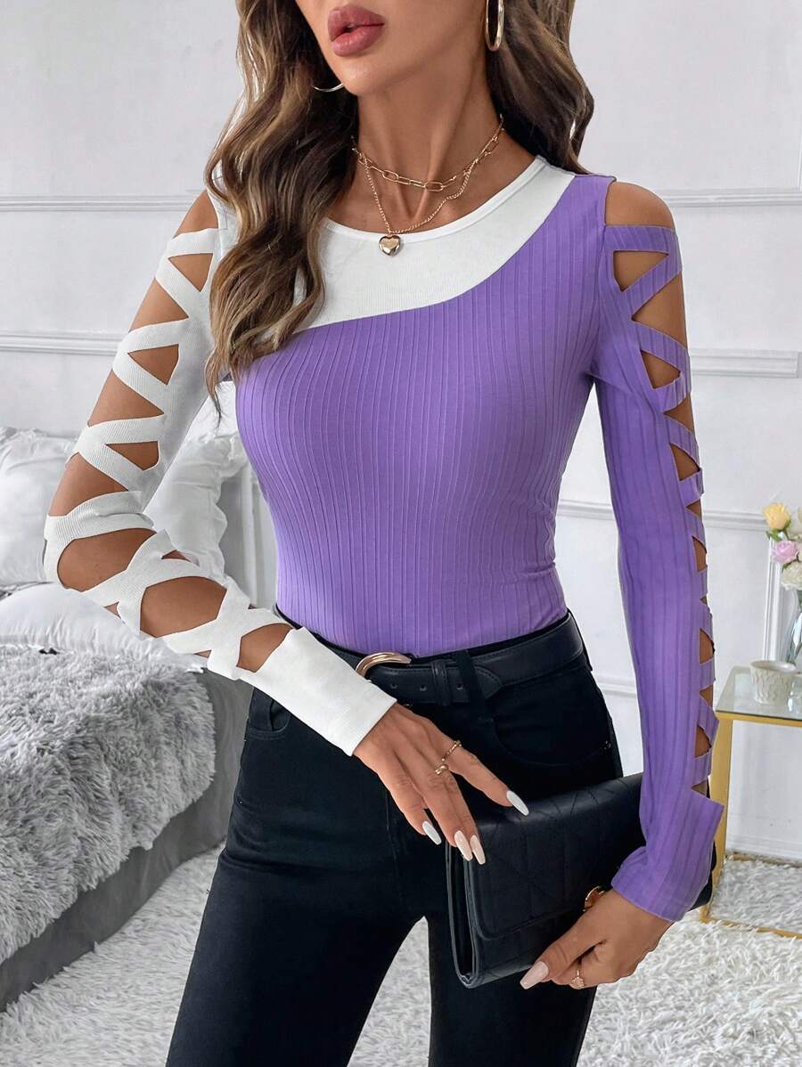 SHEIN Clasi 女士优雅紫白蜡染镂空设计 T 恤 - 彩色 - 查看 1