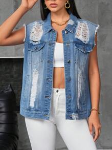 SHEIN Essnce Women's Distressed Ripped Denim Jacket - Light Wash - View 1