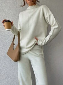 EURMUSE Ladies' Drop Shoulder Sweater And Sweater Pants Set - White - View 5