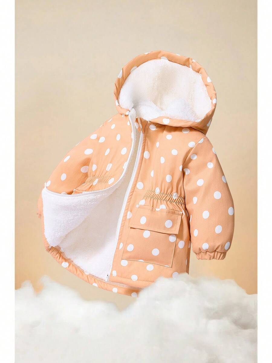 SHEIN Áo khoác đệm dày dài in họa tiết chấm bi cho bé gái, dễ thương & ấm áp, mùa thu/đông - Màu Cam san hô - Xem 1