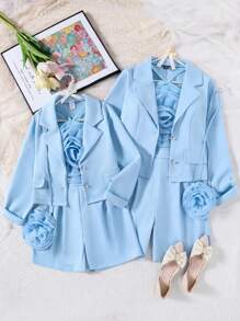 女士纯色简约日常花卉装饰吊带背心和纯色长袖短裤 - 母子时尚套装