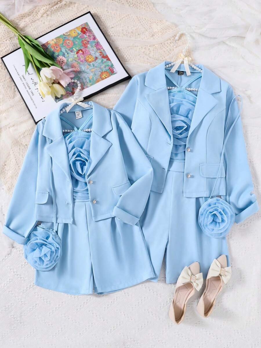 女士纯色简约日常花卉装饰吊带背心和纯色长袖短裤 - 母子时尚套装