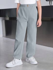 男童休闲宽松纯色长裤 - 霧霾藍 - 查看 6