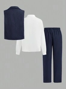 3pcs Tween Boy Casual School Style Bow Tie Shirt, Vest And Long Pants Gentleman Outfit, Suitable For Party, Birthday, Graduation, Commute, School And Daily Casual Wear In Autumn/Winter - Blue - View 2