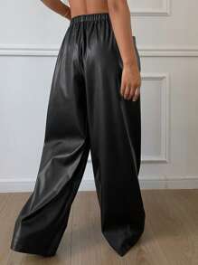 DAZY Pantalones rectos holgados de unicolor de PU con cordón en la cintura y bolsillos para mujeres - Negro - Ver 2