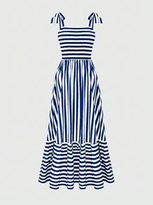 Breezaya 女士条纹印花简约休闲细肩带连衣裙 - 藍色 - 查看 2