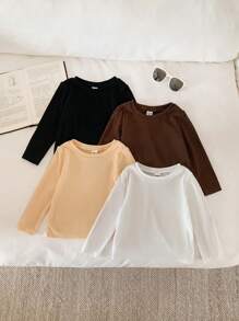 SHEIN Babygirl Basic Simple Solid Color Stretchy Long Sleeve Top, Autumn & Winter, Multi-Pack - Black - View 1