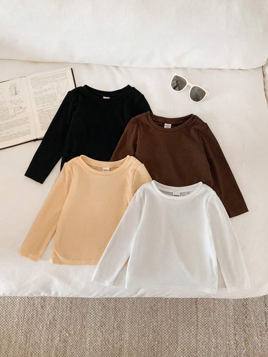 SHEIN Babygirl Basic Simple Solid Color Stretchy Long Sleeve Top, Autumn & Winter, Multi-Pack - Black - View 1