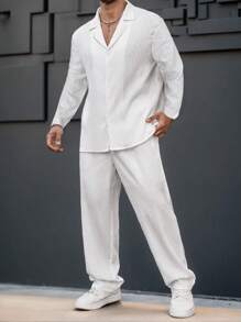 Manfinity Homme Men Spring And Autumn Casual Solid Color Shirt & Trousers, Fall Clothes - White - View 3