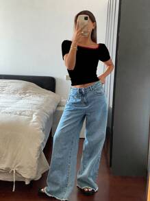 Livesso 女士短袖纯色简约设计时尚T恤，露背上衣，露背上衣 - 黑色 - 查看 3