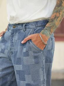 Manfinity Homme Men's Vintage Casual Light Blue Plaid Denim Shorts