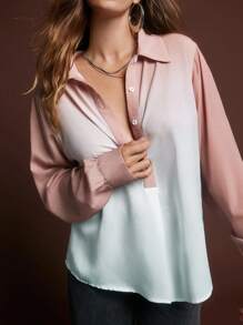 SHEINNeu Women Contrast Color Simple Button-Up Long Sleeve Shirt Pink And Blue,Autumn,Elegent,Office Fall Tops Women's Clothing Back To School Tween Girls - Multicolor - View 3