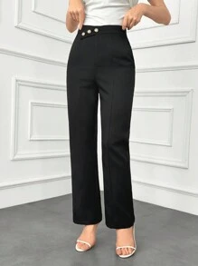 Modelyn Women's Solid Minimalist Basic Button Front Pants In Fall/Winter - Black - View 4