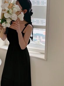 女士纯色简约无袖连衣裙，适合日常穿着，夏季吊带裙，休闲女式连衣裙，长款连衣裙 - 黑色 - 查看 6