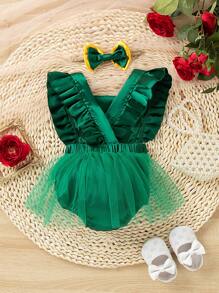 SHEIN Baby Girl Rose Embroidery Wood Ear Strap Mesh Stitching Bodysuit Spring And Summer Gorgeous  Elegant Fashion Comfortable Cute