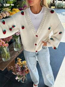 EURMUSE Women Handmade Strawberry Accessory Front Button Drop Shoulder Cardigan - Dusty Pink - View 7