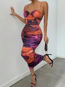 Allurite Women's Summer Fashion Tie-Dyed Crinkled Slim Fit Tank Dress - Purple - View 3