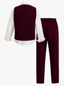 SHEIN 2 piezas Chaleco rojo borgoña de estilo caballero para niños para fiesta de Navidad, sin camisa - Burdeos - Ver 2