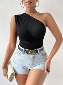 VaVaBold Solid Top,Ladies Casual Ruched Asymmetrical Neck Slim Fit Black Plain Women Tops,Spring/Summer,Casual Daily Wear - Black - View 7