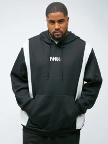 Manfinity VCAY Plus Size Men's Leisure Patchwork Loose Raglan Sleeve Hooded Sweatshirt, Suitable For Autumn & Winter