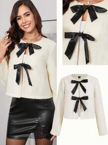 Ellevyn Women's Regular Fit Short Back To School Frenchy Fall Old Money Style Teacher Clothes Coat With Thick Bowknot And Glossy Finish, Apricot - Black and White - View 7