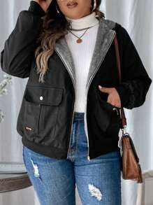 SHEIN LUNE Black Thermal Lined Cargo Pocket Thick Plus Size Jacket, For Winter Fall Autumn - Black - View 4