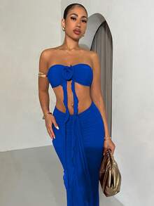SHEIN BAE 女士夏季度假风格约会夜开叉长裙和露肩两件套 - 寶藍色 - 查看 5