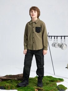 SHEIN 適合青少年男孩的休閒運動口袋撞色領長袖襯衫和帶口袋和彈性袖口的貨物褲（不包含t恤） - 彩色 - 查看 3