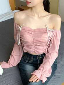 DAZY 女式露肩褶皱长袖T恤，秋季，荷叶边 - 粉色 - 查看 3