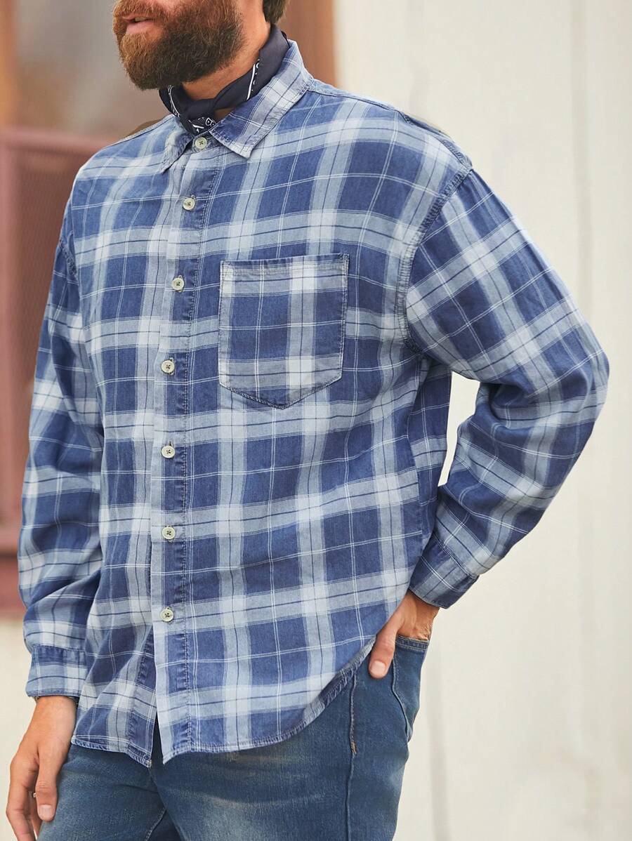 Manfinity Homme Men's Light Blue Plaid Denim Casual Loose Shirt - Light Wash - View 1