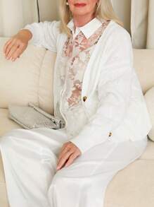 SHEIN LUNE 女式简约纯色日常长袖开衫 - 白色 - 查看 5