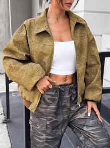 SHEIN EZwear Women's Solid Color Minimalist Daily Wear Lapel Long Sleeve PU Leather Jacket