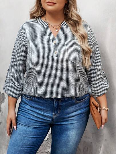 SHEIN LUNE 大码女式黑白格子 V 领长袖衬衫职业上衣女式上衣格子女式衬衫秋装商务休闲女式工作衬衫商务衬衫
