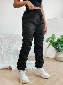 SHEIN PETITE Solid Drawstring Waist Stacked Trousers - Black - View 2