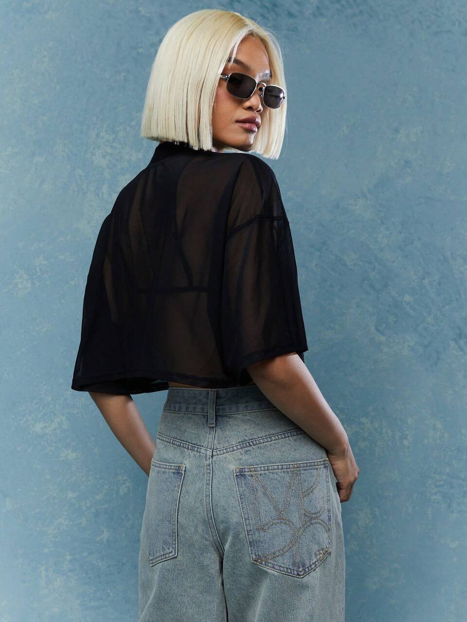 MISSGUIDED Street Sheer Mesh Polo Neck Crop T-Shirt
