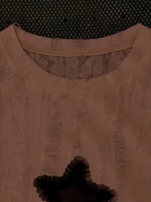 SHEIN Unity Camiseta de malla negra con estampado de estrella, color liso, con cordón de encaje