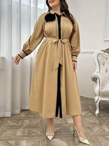 Modelyn Plus Size Casual Belted Long Sleeve Dress, Maxi Long Dress For Casual Daily/Vacation/Holiday/Evening Parties/Wedding Guest Long Evening Dresses