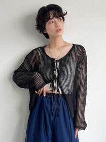 FRIFUL Women Spring And Summer Casual Solid Color Hollow Knit Tops - Black - View 7