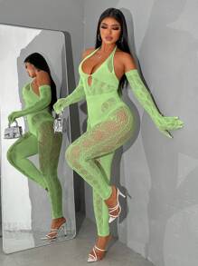 VaVaBold Women Spring And Summer Fashion Sexy See-Through Hollowed-Out Halter Neck Tight Jumpsuit