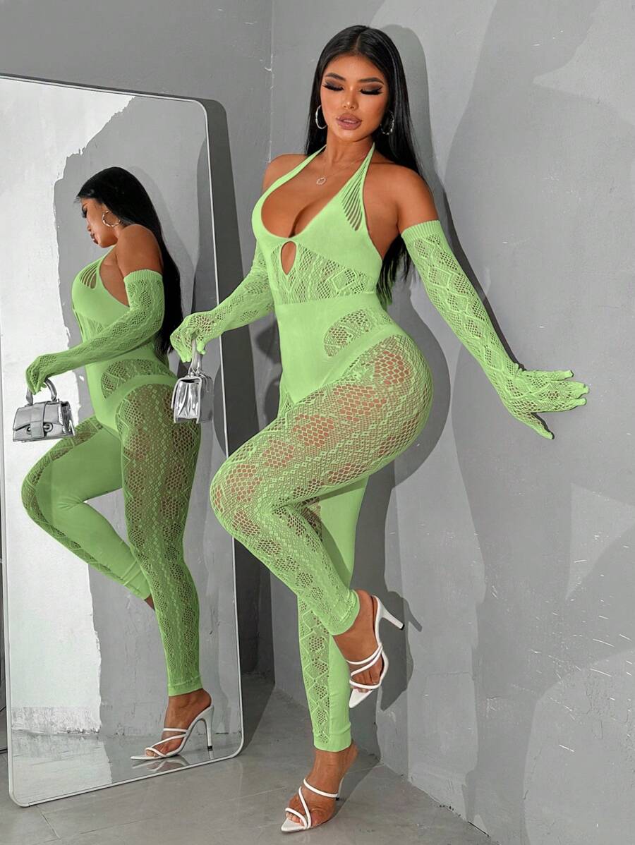 VaVaBold Women Spring And Summer Fashion Sexy See-Through Hollowed-Out Halter Neck Tight Jumpsuit