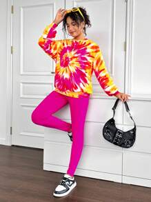 SHEIN Leap Crew 2 件青少年女孩扎染宽松运动衫和紧身裤休闲装 - 彩色 - 查看 4