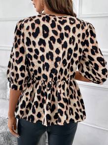 SHEIN Clasi Women Leopard Print Ruffle Hem Round Neck Casual Winter Fall Women Clothes Thanksgiving Halloween Women Homecoming Work Clothes Date Night Shirt - Brown - View 2