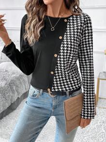 SHEIN Clasi Áo thun nữ cổ tròn tay dài họa tiết Houndstooth chắp vá mùa xuân/hè trang trí nút thường ngày đông thu quần áo nữ lễ tạ ơn halloween quần áo đi làm về quê cho nữ áo phông đêm hẹn hò - Đen và trắng - Xem 3